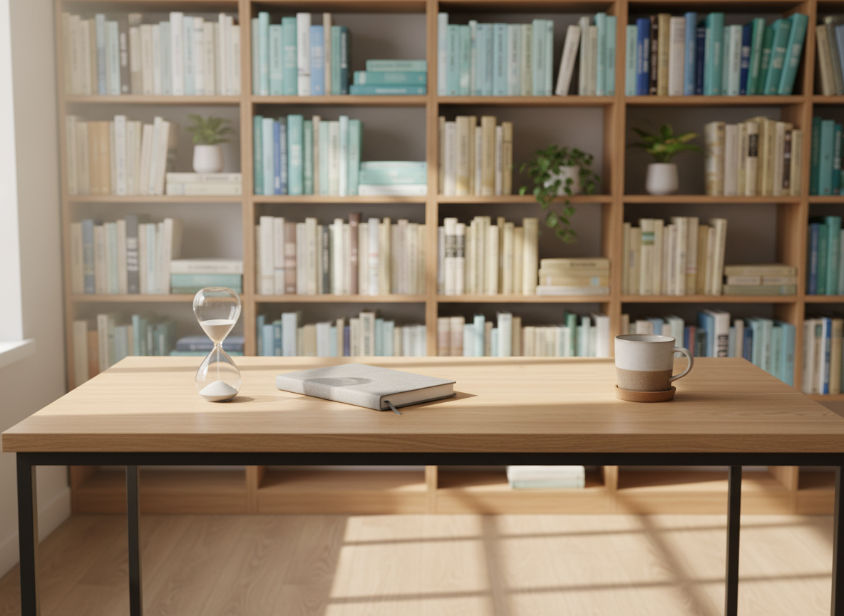 A neatly arranged therapist’s workspace featuring a light oak desk with a smooth, matte surface, a closed notebook with a soft grey linen cover, and an elegant sand hourglass half-run. A ceramic cup of herbal tea rests on a cork coaster. In the background, floor-to-ceiling shelves hold orderly rows of psychology and neuroscience books in muted covers, alongside small green plants in simple white pots. Soft morning light enters through an unseen window, casting gentle, elongated shadows and creating a calm, warm ambience. Photographic realism, eye-level composition with shallow depth of field, the desk elements in sharp focus and the books subtly blurred, conveying a professional, trustworthy, and serene atmosphere for mental health support.