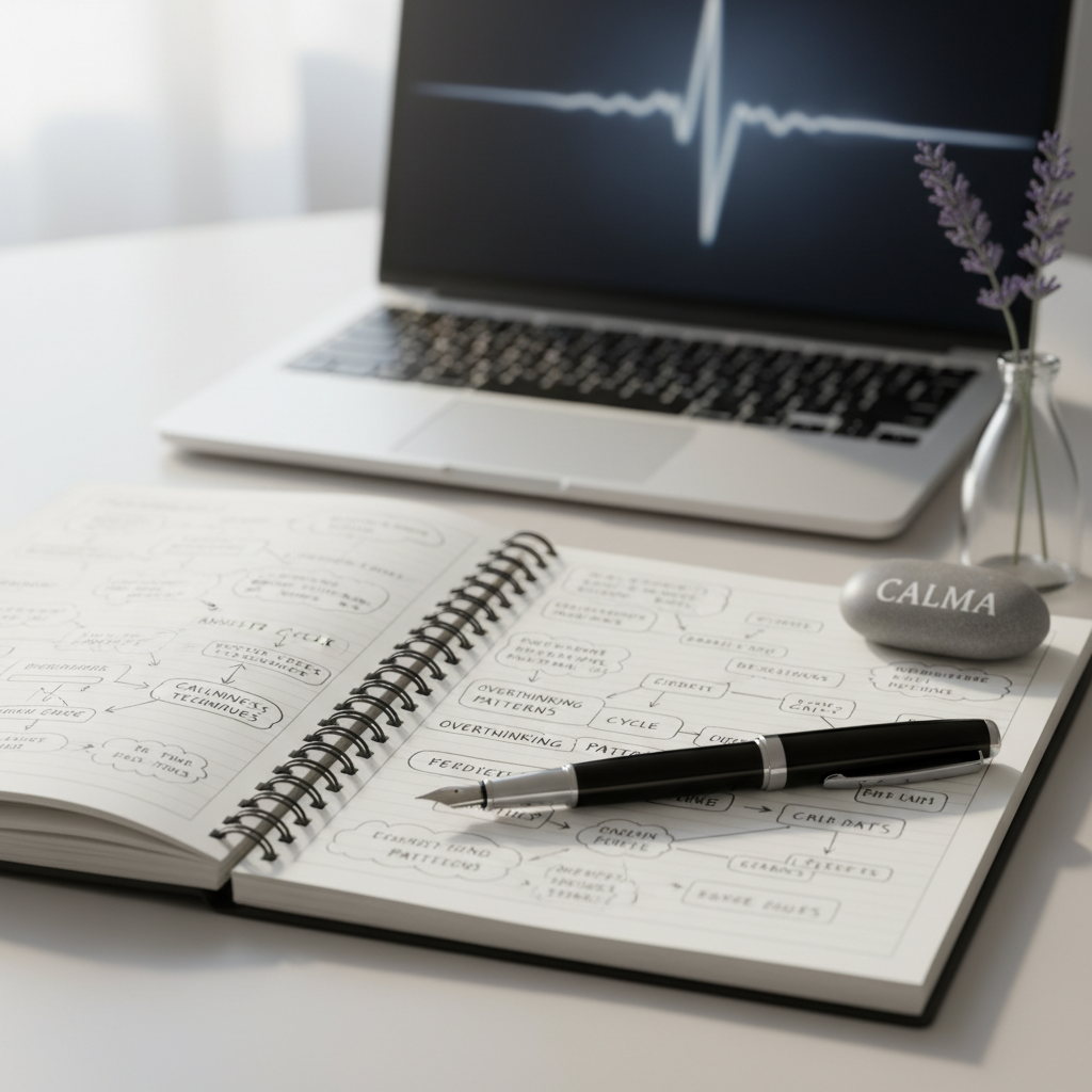 A close-up of a clean, organized psychologist’s desk featuring an open notebook filled with neat, handwritten notes diagrams of thoughts and arrows, a black fountain pen resting across the page, and a slim silver laptop slightly out of focus in the background. A small, smooth river stone inscribed with the word “calma” sits near the notebook, alongside a subtle lavender sprig in a tiny glass vase. Soft, indirect daylight from the left creates delicate highlights on the pen and gentle shadows on the paper. Photographic realism, shot from a slightly elevated angle with shallow depth of field, evoking introspection, clarity, and a structured yet warm approach to understanding anxiety and overthinking.