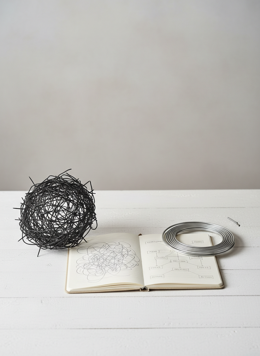 A symbolic representation of anxiety and mental clarity, with a tangled ball of thin black wire resting on one side of a white wooden table and a neatly coiled, smooth silver wire on the other. Between them, a simple beige notebook lies open with a clear, linear mind-map sketched in fine pencil. The background is a softly blurred light grey wall, empty and uncluttered. Soft studio lighting from above and slightly to the right casts clean, subtle shadows that define each texture without harshness. Photographic realism, centered composition with ample negative space, creating a calm, minimalist and professional image that suggests the therapeutic process of transforming confusion into understanding.