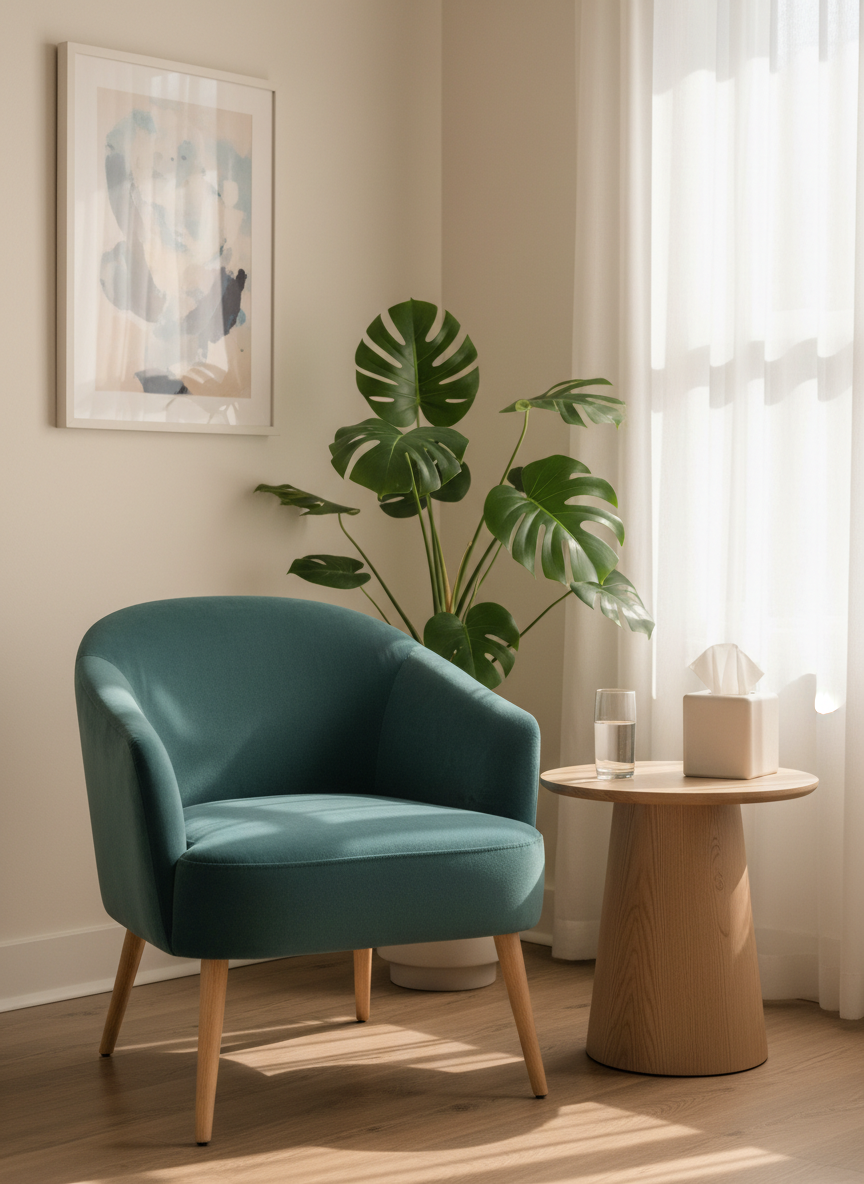 An inviting consultation room corner centered on a plush, teal velvet armchair with a curved back and wooden legs, positioned beside a round ash-wood side table holding a small glass of water and a tissue box in a minimalist design. Behind, a tall plant with broad green leaves softens the space, and a framed abstract artwork in soft blues and creams hangs on an off-white wall. Diffused afternoon light filters through sheer curtains, creating a gentle glow and soft shadows. Photographic realism, slightly angled composition emphasizing depth, with a calm, contained atmosphere that suggests safety, reflection, and emotional containment without showing any people.
